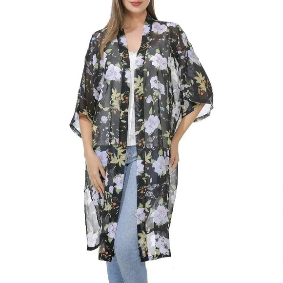 Women’s Chiffon Kimono Bathing Suit Cover Up Open Front Duster Kimono Dress - Picture 2 of 5